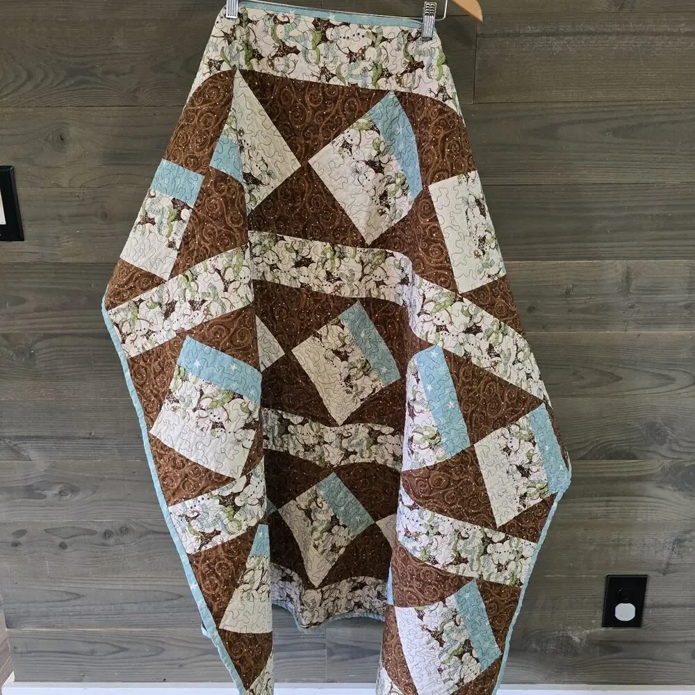 Handmade Snowman Christmas Quilt Throw Blanket Brown Blue 48x42 Lap Quilt Cozy